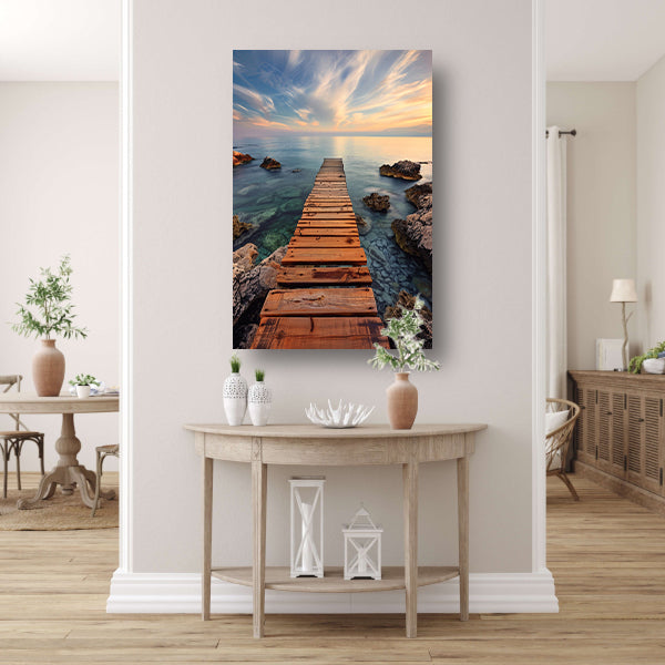 Rustige ochtend op een houten steiger bij de zee poster