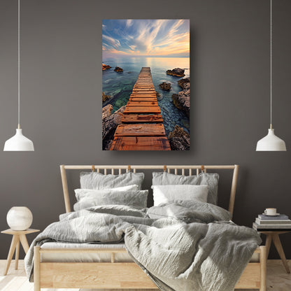 Rustige ochtend op een houten steiger bij de zee poster