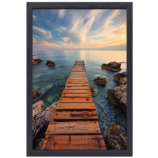 Rustige ochtend op een houten steiger bij de zee canvas met baklijst