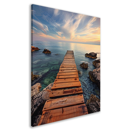Rustige ochtend op een houten steiger bij de zee canvas