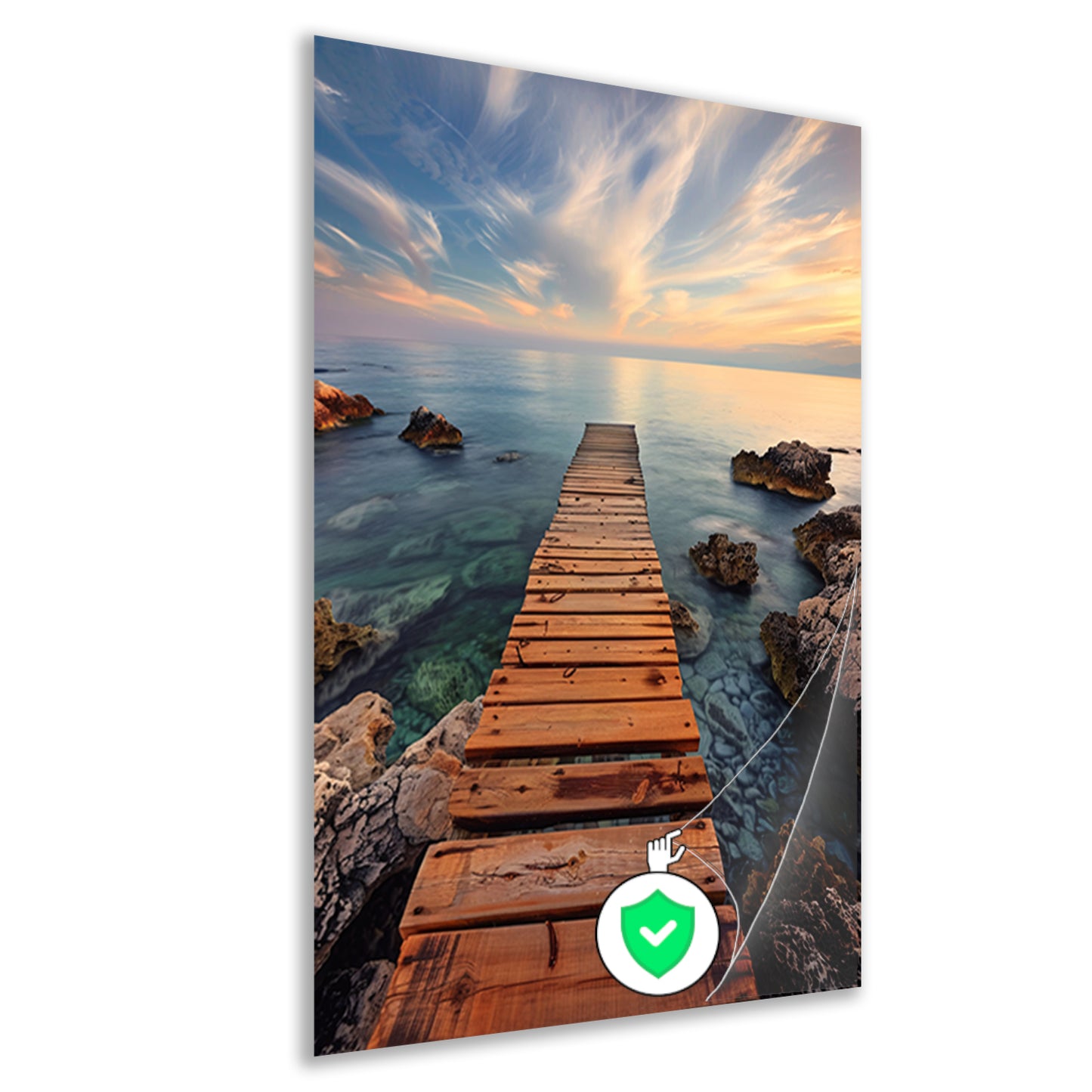 Rustige ochtend op een houten steiger bij de zee poster