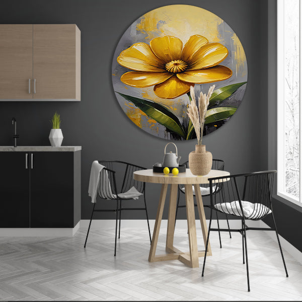Impressionistische Gele Bloem op Moderne Achtergrond aluminium muurcirkel