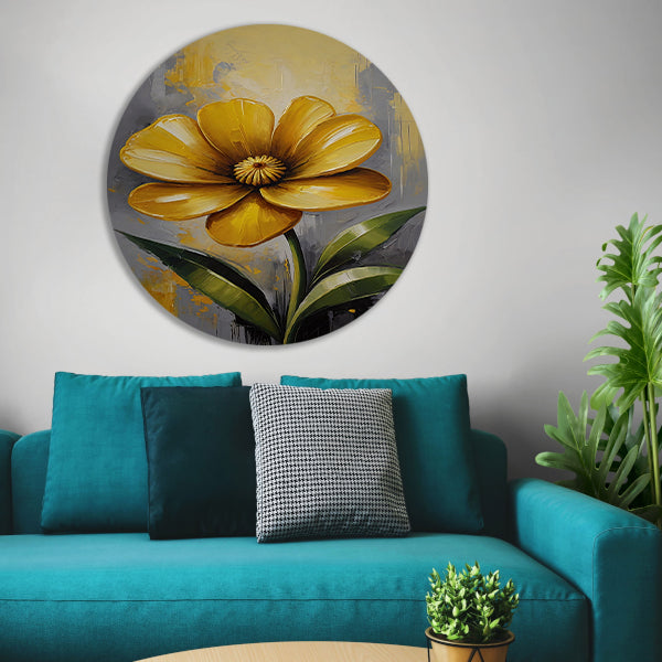 Impressionistische Gele Bloem op Moderne Achtergrond aluminium muurcirkel