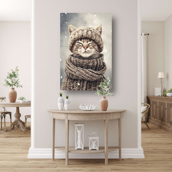 Kat met Sjaal en Muts in Sneeuw poster