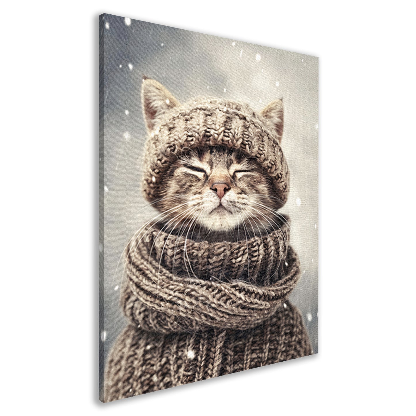 Kat met Sjaal en Muts in Sneeuw canvas