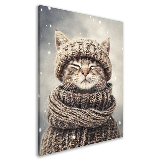 Kat met Sjaal en Muts in Sneeuw canvas