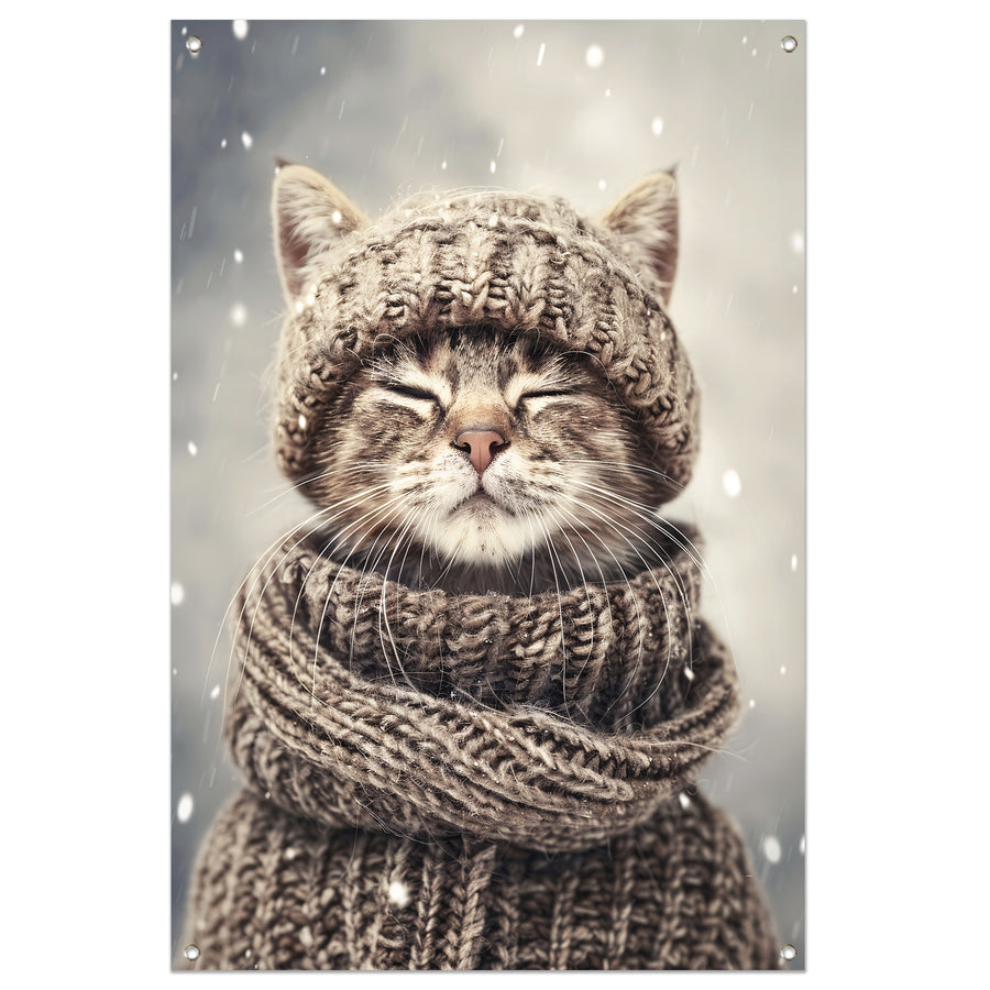 Kat met Sjaal en Muts in Sneeuw tuinposter