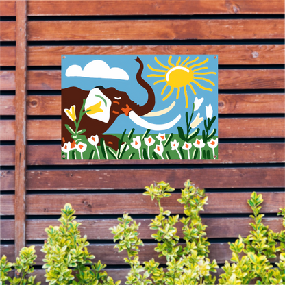 Vrolijke olifant onder een heldere zon tuinposter
