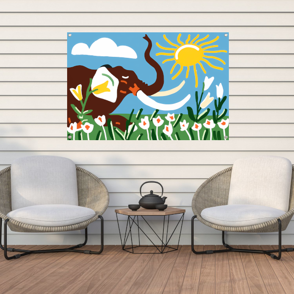 Vrolijke olifant onder een heldere zon tuinposter