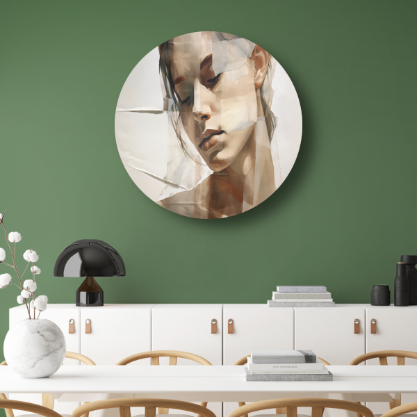 Versplinterd Gezicht in Neutrale Tinten aluminium muurcirkel