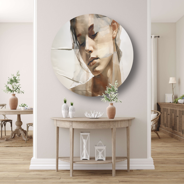 Versplinterd Gezicht in Neutrale Tinten aluminium muurcirkel