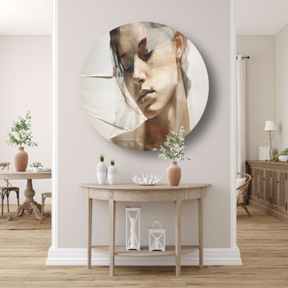 Versplinterd Gezicht in Neutrale Tinten aluminium muurcirkel