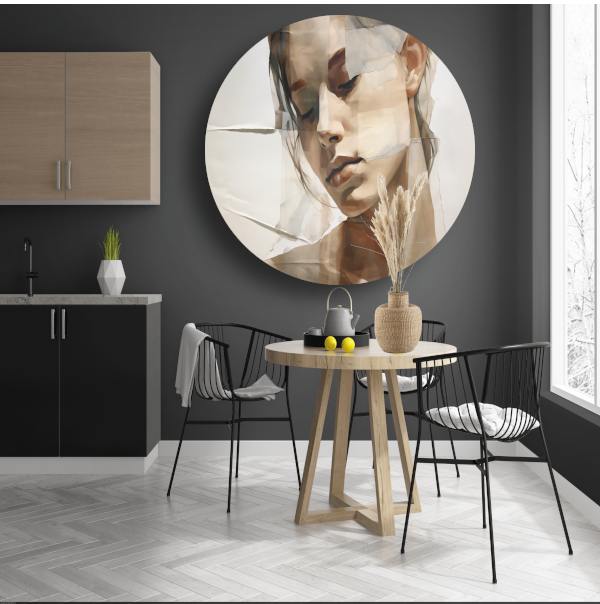 Versplinterd Gezicht in Neutrale Tinten aluminium muurcirkel