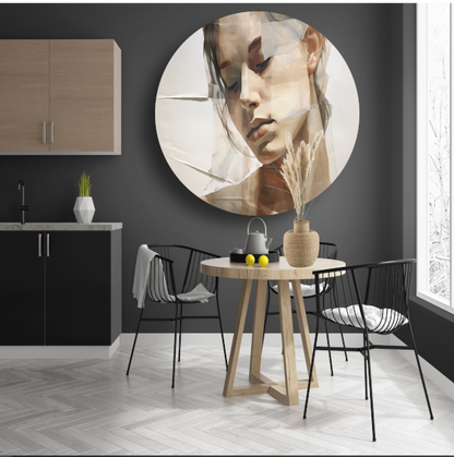 Versplinterd Gezicht in Neutrale Tinten aluminium muurcirkel