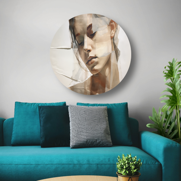 Versplinterd Gezicht in Neutrale Tinten aluminium muurcirkel