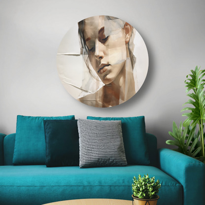 Versplinterd Gezicht in Neutrale Tinten aluminium muurcirkel