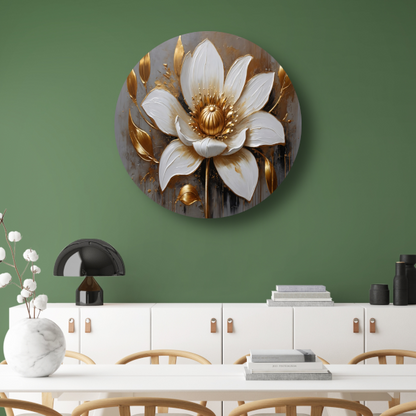 Elegante Witte Bloem met Gouden Accenten aluminium muurcirkel
