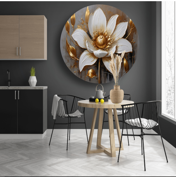 Elegante Witte Bloem met Gouden Accenten aluminium muurcirkel