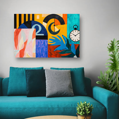 Kleurrijk abstract schilderij met klokken en bladeren acrylglas
