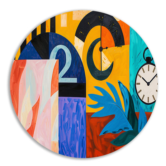 Kleurrijk abstract schilderij met klokken en bladeren aluminium muurcirkel