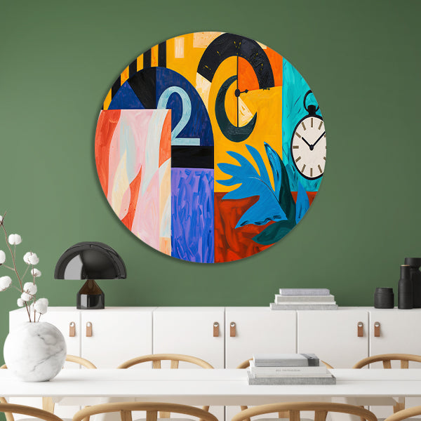 Kleurrijk abstract schilderij met klokken en bladeren aluminium muurcirkel