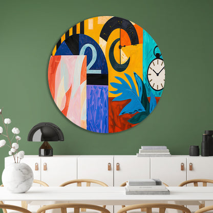 Kleurrijk abstract schilderij met klokken en bladeren aluminium muurcirkel