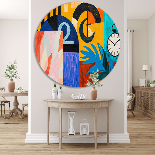 Kleurrijk abstract schilderij met klokken en bladeren aluminium muurcirkel