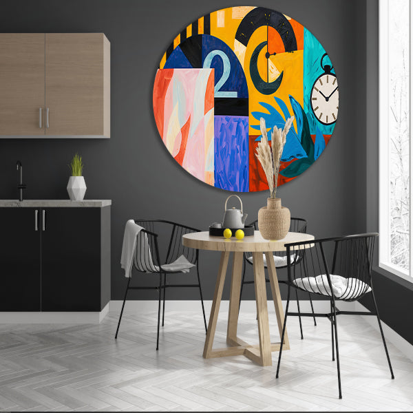 Kleurrijk abstract schilderij met klokken en bladeren aluminium muurcirkel