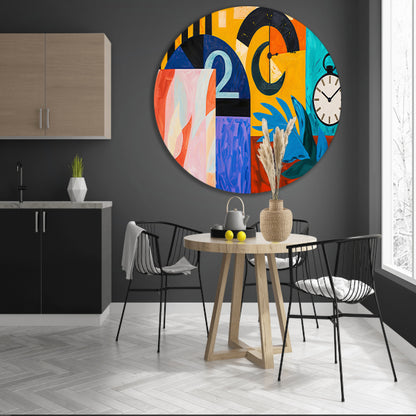 Kleurrijk abstract schilderij met klokken en bladeren aluminium muurcirkel