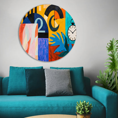 Kleurrijk abstract schilderij met klokken en bladeren aluminium muurcirkel