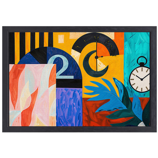 Kleurrijk abstract schilderij met klokken en bladeren canvas met baklijst