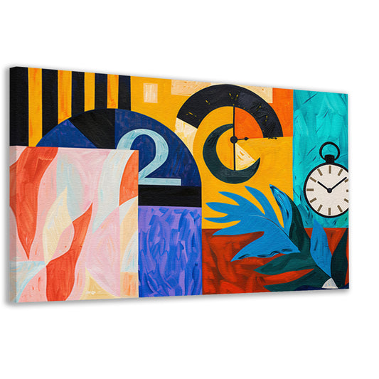 Kleurrijk abstract schilderij met klokken en bladeren canvas
