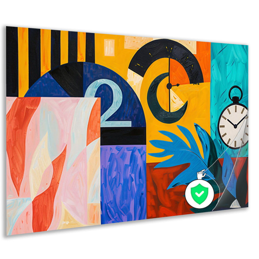 Kleurrijk abstract schilderij met klokken en bladeren poster