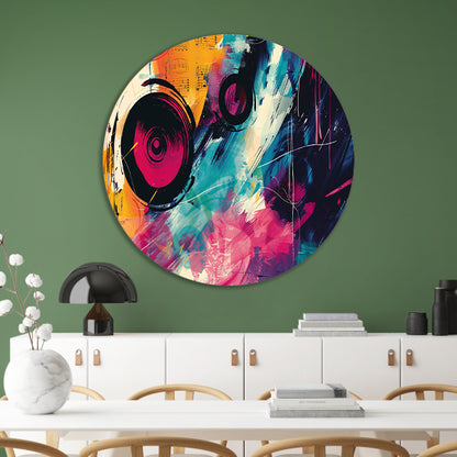 Abstracte kleurrijke compositie met muzikale elementen aluminium muurcirkel