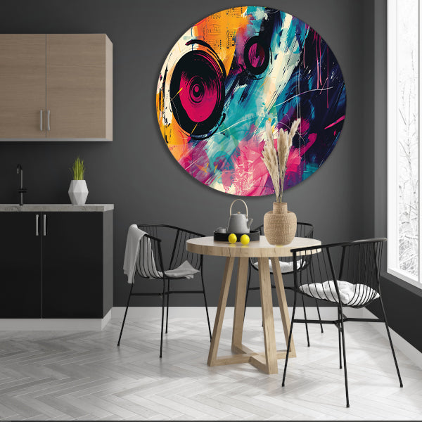 Abstracte kleurrijke compositie met muzikale elementen aluminium muurcirkel
