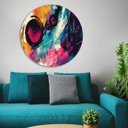 Abstracte kleurrijke compositie met muzikale elementen aluminium muurcirkel