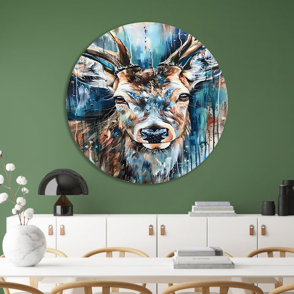 Kleurrijk abstract schilderij van een hert forex muurcirkel