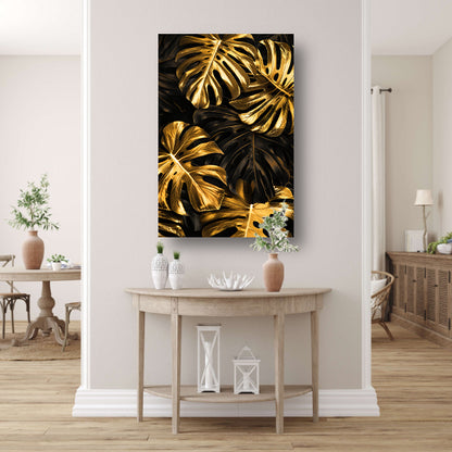Luxe Gouden Monstera Bladeren op Zwart canvas