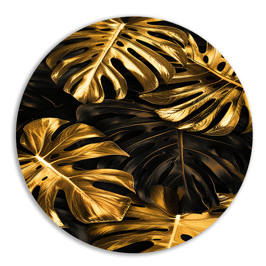 Luxe Gouden Monstera Bladeren op Zwart forex muurcirkel