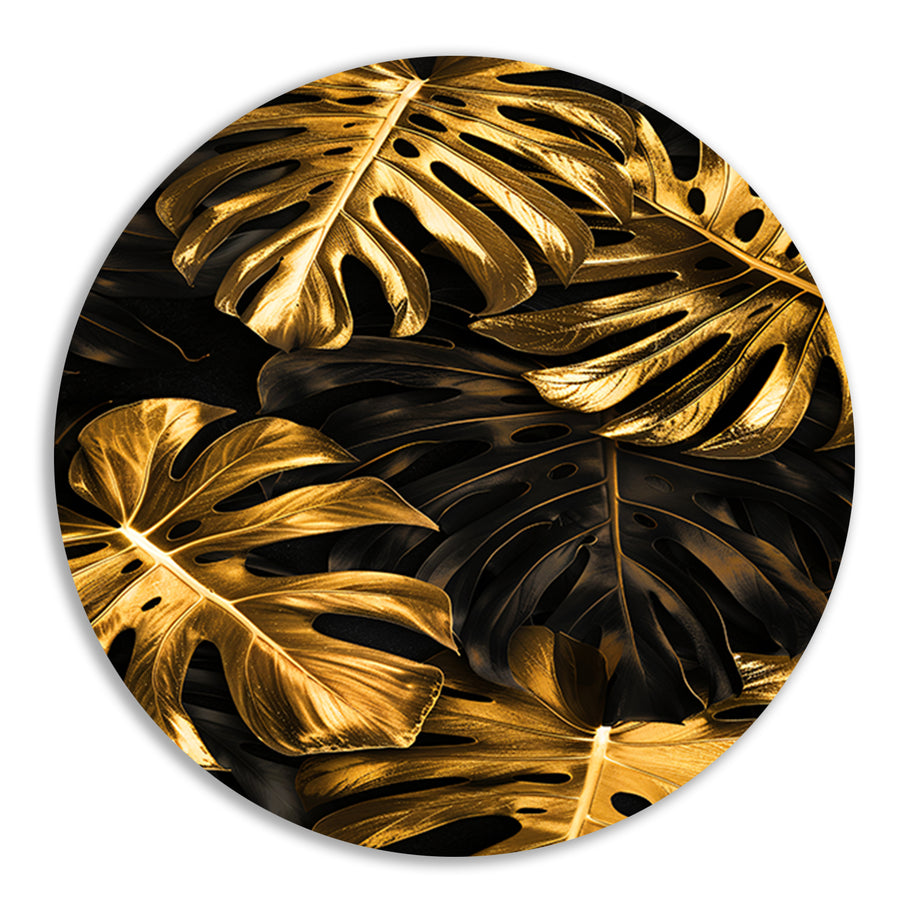 Luxe Gouden Monstera Bladeren op Zwart aluminium muurcirkel