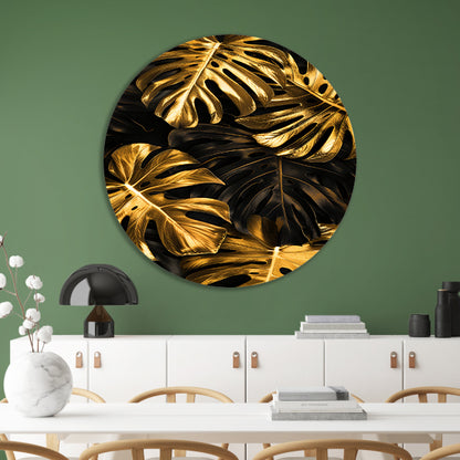 Luxe Gouden Monstera Bladeren op Zwart forex muurcirkel
