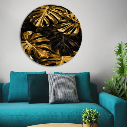 Luxe Gouden Monstera Bladeren op Zwart forex muurcirkel