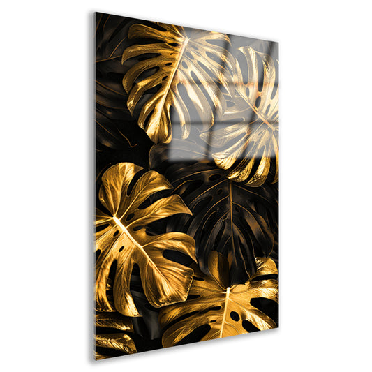 Luxe Gouden Monstera Bladeren op Zwart acrylglas