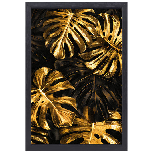 Luxe Gouden Monstera Bladeren op Zwart canvas met baklijst