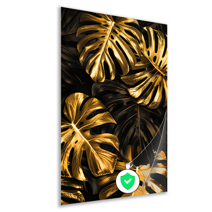 Luxe Gouden Monstera Bladeren op Zwart poster