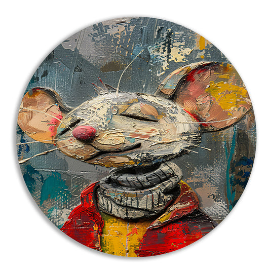 Schilderij van een gelukzalige muis in een rode trui aluminium muurcirkel
