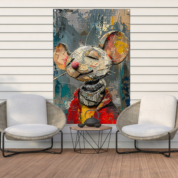 Schilderij van een gelukzalige muis in een rode trui tuinposter