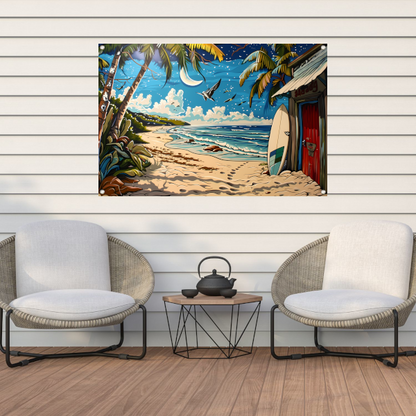 Nachtelijk strand met palmboom tuinposter