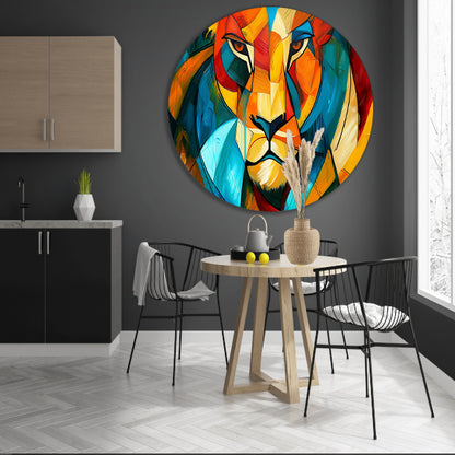 Abstracte kleurrijke leeuw in kubistische stijl aluminium muurcirkel