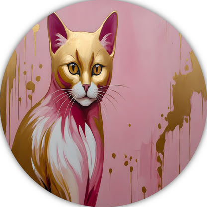 Gouden en roze moderne katportret aluminium muurcirkel